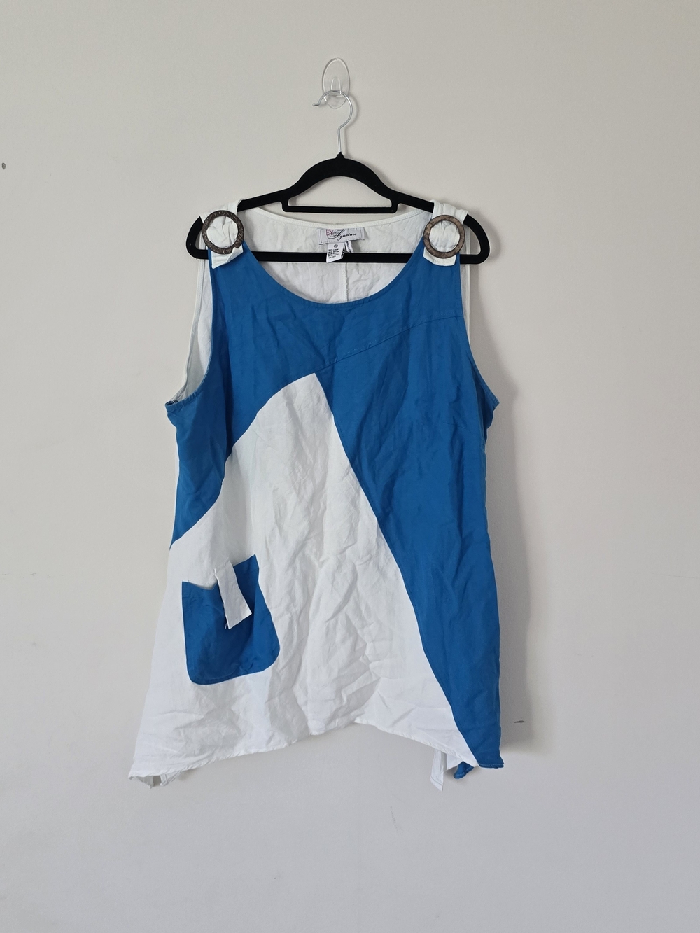 Signature Blue/White Colorblock Linen/Rayon Sleeveless Tank with Ring Accents 2X